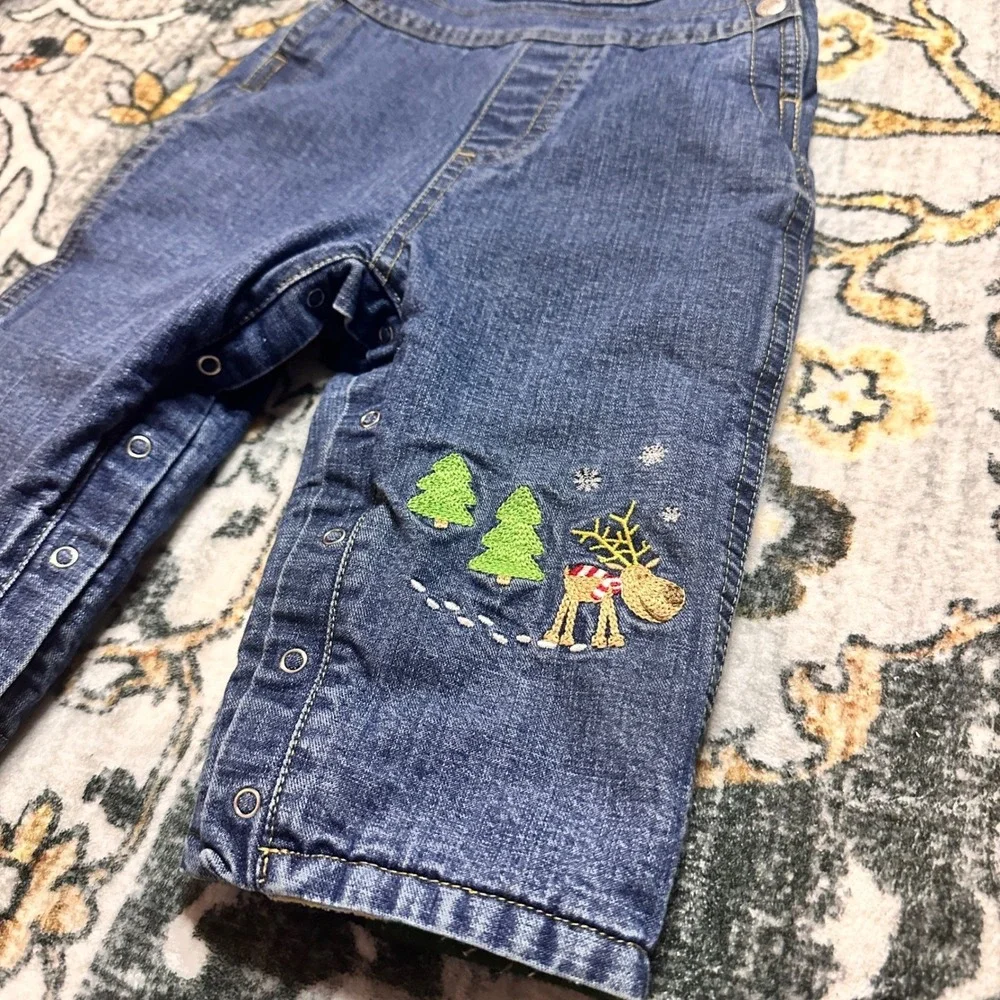 Vtg Old Navy Overalls Holiday Reindeer‎ Embroidered Lined Denim Baby 6-12 Months